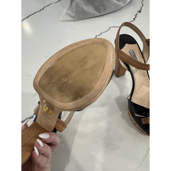 Prada black patent & tan leather bow high block heel Cork platform sandals Sz 40 - Picture 3 of 10